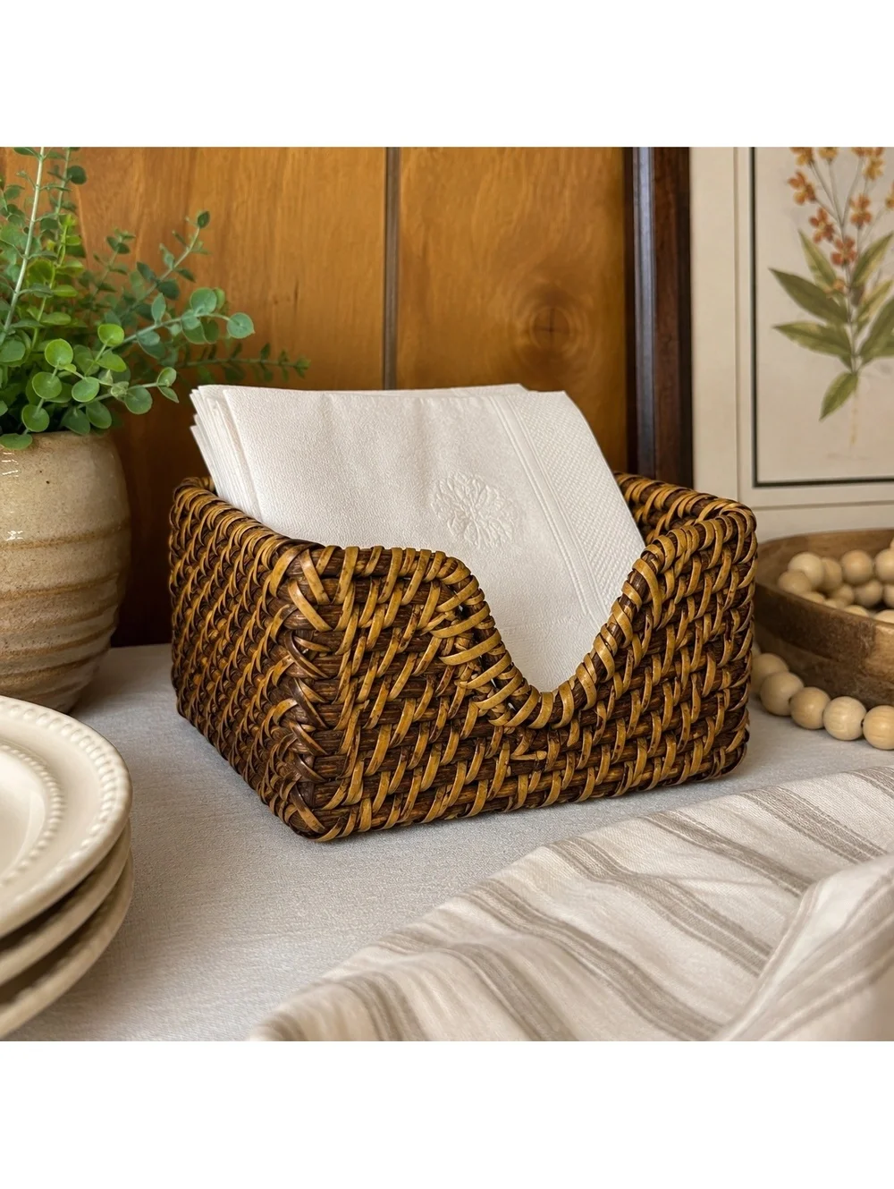 Vintage Wicker Napkin Holder Woven Rattan Basket Rustic Kitchen Table Decor